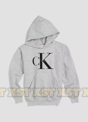 Жіночий худі на флісі оверсайз oversize calvin klein кельвін кляйн сіре