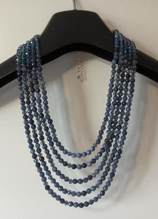 Пятирядное колье бусы натуральный агат 6мм в огранке серо-голубое