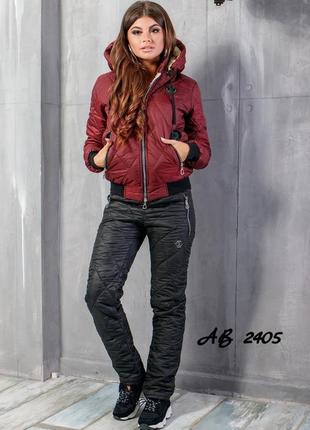 42-56р зимовий жіночий костюм плащівка на синтепоні і овчині теплий куртка бордо і чорні штани5 фото