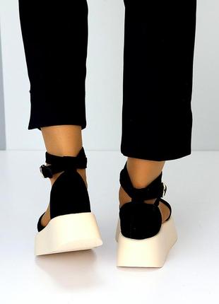 Жіночі натуральні замшеві туфлі чорного кольору, відкриті туфлі з ремінцем3 фото