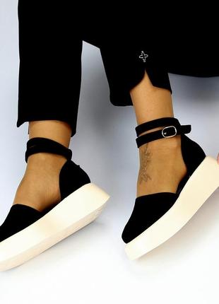 Жіночі натуральні замшеві туфлі чорного кольору, відкриті туфлі з ремінцем4 фото