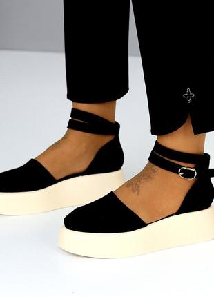 Жіночі натуральні замшеві туфлі чорного кольору, відкриті туфлі з ремінцем2 фото