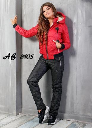 42-56р зимовий жіночий костюм плащівка на синтепоні і овчині теплий куртка червона і чорні штани9 фото