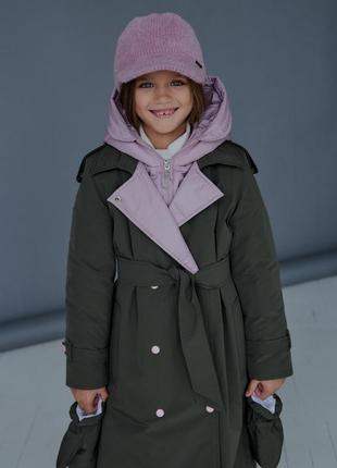 Тренч - пуховик детский, подростковый, зимний, теплый, дизайнерский, с капюшоном, хаки - розовый2 фото