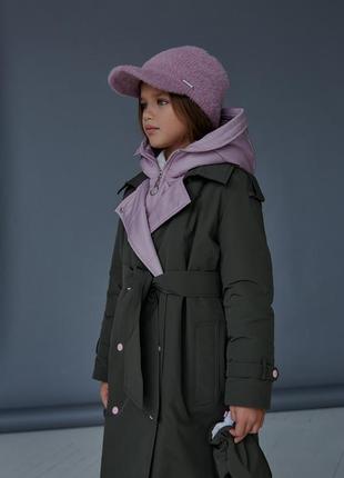 Тренч - пуховик детский, подростковый, зимний, теплый, дизайнерский, с капюшоном, хаки - розовый5 фото