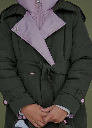 Тренч - пуховик детский, подростковый, зимний, теплый, дизайнерский, с капюшоном, хаки - розовый6 фото