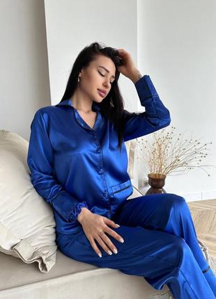 Шикарная эффектная синяя пижамка из турецкого шелка люкс качество