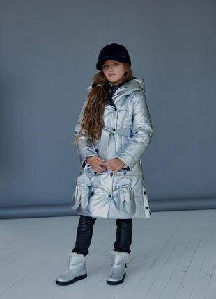 Куртка детская, подростковая, зимняя теплая с капюшоном, дизайнерская, с поясом, пуховик, серебряная3 фото
