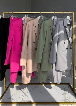 Костюм пиджак жакет удлиненный свободного кроя укороченные брюки брюки брюки комплект базовый стильный черный розовый серый зеленый2 фото
