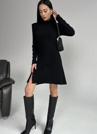 Платье футляр женское короткое мини, с воротником стойкой, ангора рубчик, с длинным рукавом, черное1 фото