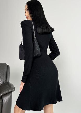 Платье футляр женское короткое мини, с воротником стойкой, ангора рубчик, с длинным рукавом, черное7 фото