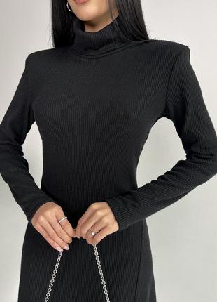 Платье футляр женское короткое мини, с воротником стойкой, ангора рубчик, с длинным рукавом, черное6 фото