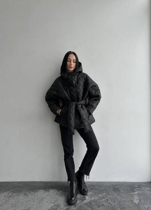 Жіноча стьобана куртка oversize з поясом🍂❄️7 фото