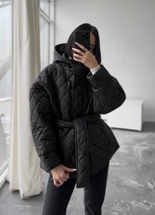 Женская стеганная куртка oversize с поясом🍂❄️3 фото