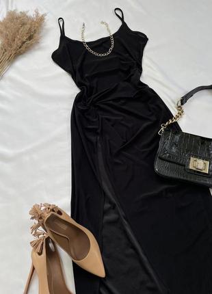 Чорна сукня міді з розрізом на ніжці, вечірня сукня, міді плаття3 фото