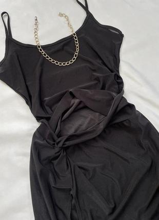 Чорна сукня міді з розрізом на ніжці, вечірня сукня, міді плаття8 фото