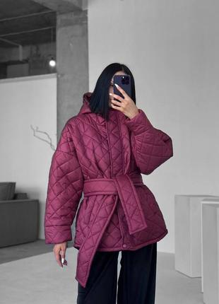 Жіноча стьобана куртка oversize з поясом🍂❄️