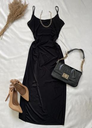 Черное платье миди с разрезом на ножке, вечернее платье, миди платье