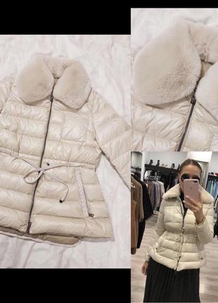 Бежевый пуховик монклер zara hm mango куртка пальто moncler с мехом4 фото