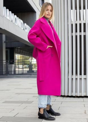 Утепленное кашемировое женское демисезонное пальто цвета фуксии8 фото