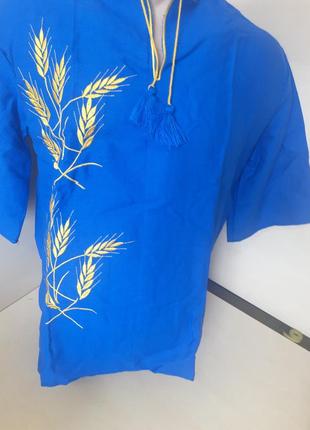 Мужская рубашка вышиванка лен синяя короткий рукав для пары family look р. 42 - 607 фото