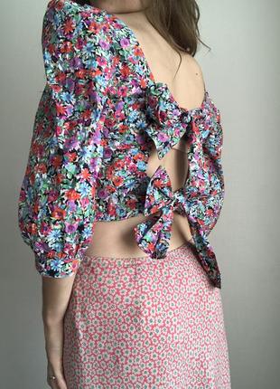 Хлопковая рубашка в цветочек с открытой спиной топ женский короткий5 фото