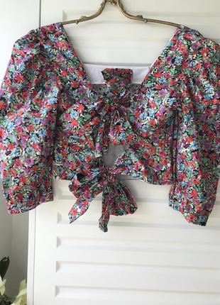 Хлопковая рубашка в цветочек с открытой спиной топ женский короткий4 фото