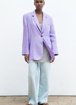 Новый эффектный сиреневый пиджак zara, 100% льна7 фото