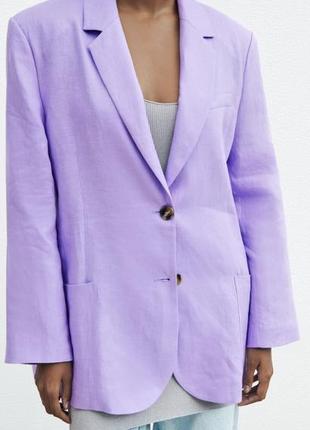 Новый эффектный сиреневый пиджак zara, 100% льна10 фото