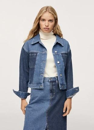 Женская контрастная куртка джинсовка mango3 фото