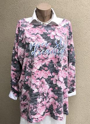 Трикотажная кофта,тонкий свитшот,цветочный принт, большой размер,вискоза,