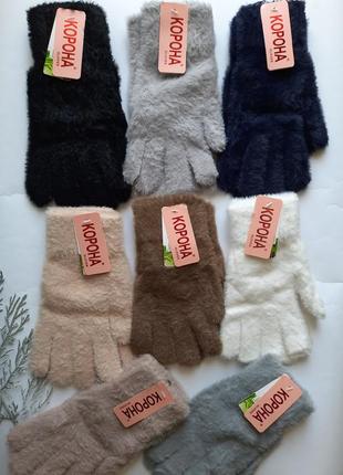 Варежки женские норка с бамбуком однотонные пушистые разные цвета премиум качество