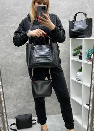 Черная большая женская сумка + клатч в комплекте!10 фото