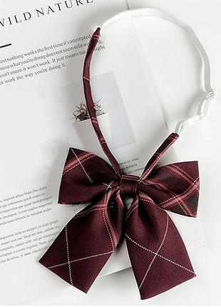 Бордовый бантик на резинке 9305 в клетку галстук марсала в клетку вишневая