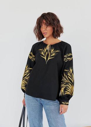 Рубашка вышиванка черная женская колосья пшеница1 фото