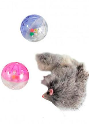 Набор игрушек 2 пластиковых шара+меховая мышь - 1шт