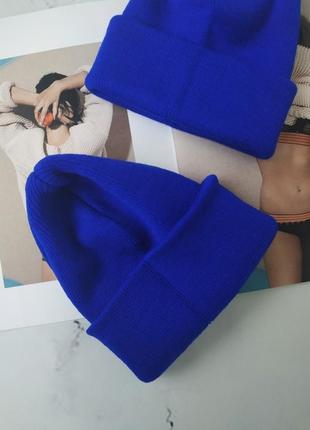 Синяя шапка бини, цвет электрик, базовая шапка носка4 фото