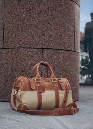 Дорожная сумка из кожи и канваса сафари, спортивная сумка саквояж кожаная брезентовая4 фото