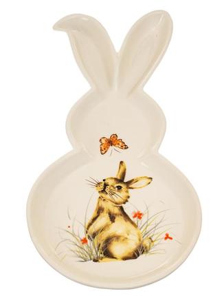 Уценка тарелка пасхальная в форме кролика с принтом (дефект заливки или окрашивания пятнышка)1 фото
