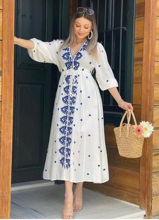 Платья длинная миди свободная летняя вышитая вышивка вышиванка zara туреченица1 фото