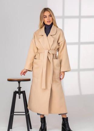 Классическое кашемировое пальто с поясом длинное