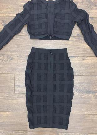 Гламурный дерзкий эффектный черный прозрачный бандажный костюм сетка и резинка-топ и юбка s10 фото