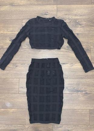 Гламурный дерзкий эффектный черный прозрачный бандажный костюм сетка и резинка-топ и юбка s5 фото