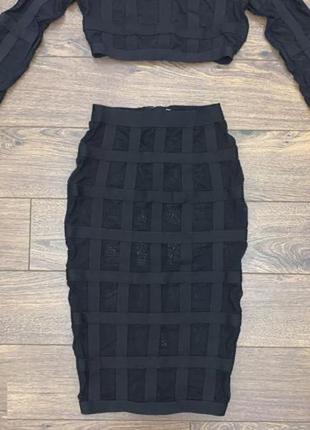 Гламурный дерзкий эффектный черный прозрачный бандажный костюм сетка и резинка-топ и юбка s8 фото