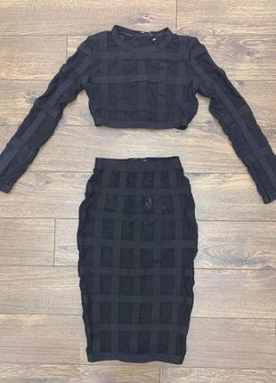 Гламурный дерзкий эффектный черный прозрачный бандажный костюм сетка и резинка-топ и юбка s1 фото