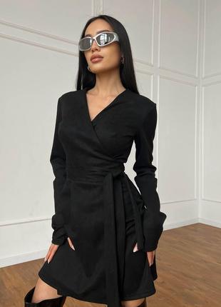 Плаття — мінімічне жіноче коротке замшеве, з довгим рукавом із мітенкою для пальця, чорне2 фото