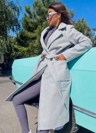 Пальто женское кашемировое серое однотонное оверсайз с карманами с поясом качественное стильное теплое базовое2 фото