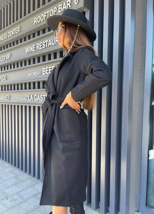 Пальто женское кашемировое черное однотонное оверсайз с карманами с поясом качественное стильное теплое базовое5 фото