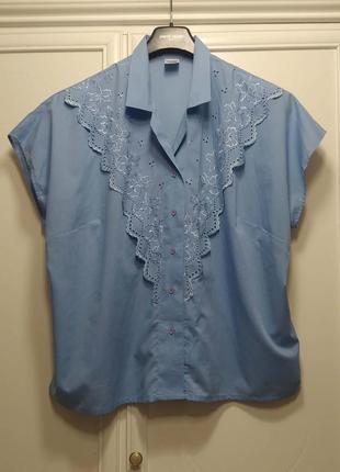 Блуза, широка, вінтаж, з прошвою, блакитна