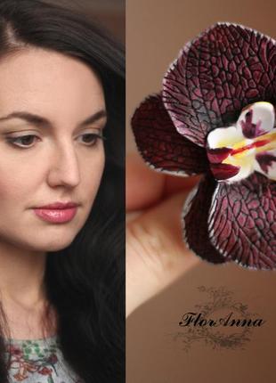 Заколка ручной работы "бордовая орхидея с росписью"2 фото